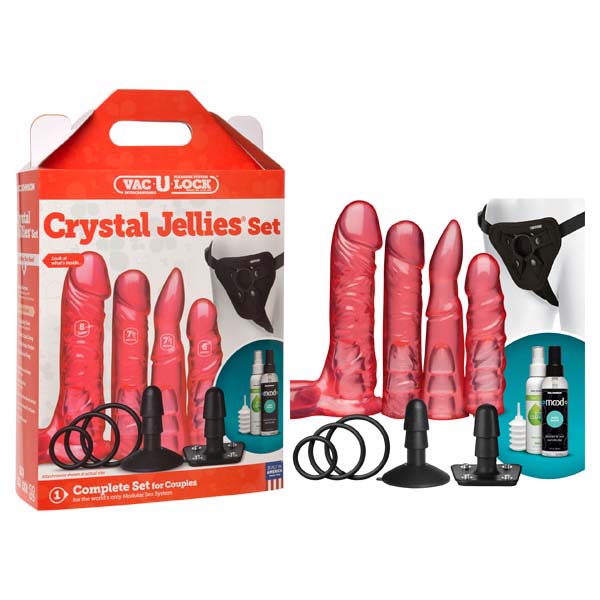 Vac U Lock Crystal Jellies Set Pink Strap On Kit 4 Dong Set