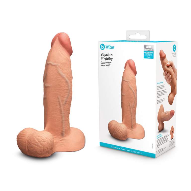 B Vibe Slipskin Eight Inch Girthy Realistic Silicone Dildo with Balls Tan Flesh BV 057MOC 4890808283554 Multiview