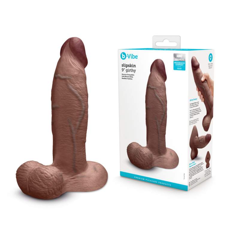 B Vibe Slipskin Nine Inch Girthy Realistic Silicone Dildo with Balls Dark Flesh BV 058BRN 4890808283592 Multiview