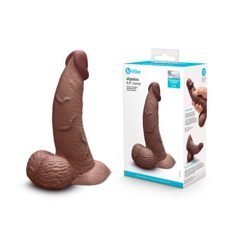 B Vibe Slipskin Six Point Five Inch Curvy Realistic Silicone Dildo with Balls Dark Flesh BV 059BRN 4890808283622 Multiview