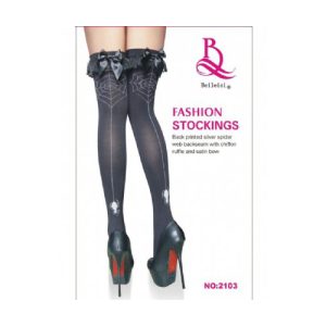 Beileisi Halloween Goth Opaque Thigh High Stockings with Chiffon Trim Bow Tops and Spider Web Backseam One Size OS Black White BEL2103 6931981801291 Boxview