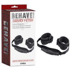 Chisa Behave Luxury Fetish Ignite Your Fantasy Neoprene Lined Cuffs with Handle Connector Black CN 544130432 759746304322 Multiview