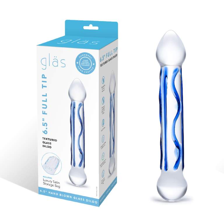 Electric Novelties Glas 6 point 5 Full Tip Textured Glass Dildo Clear and Blue GLAS 145 4890808205600 Multiview