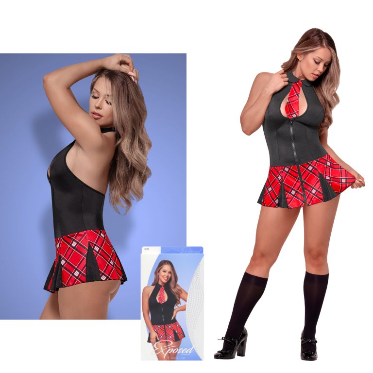 Exposed Coed Cutie Schoolgirl Outfit Black Red Plaid C129 Multiview