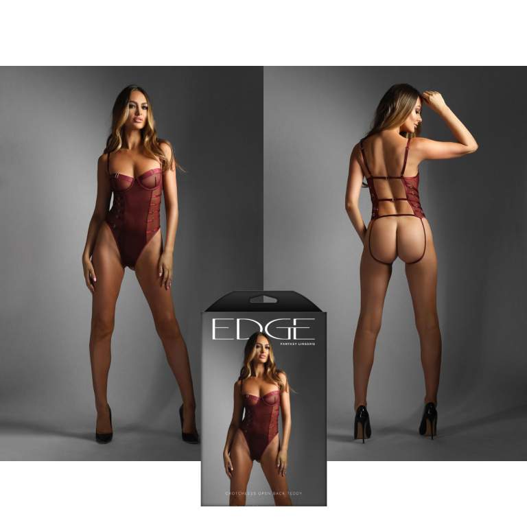 Fantasy Lingerie Edge Crotchless Open Back Teddy Burgundy EG2404 Multiview