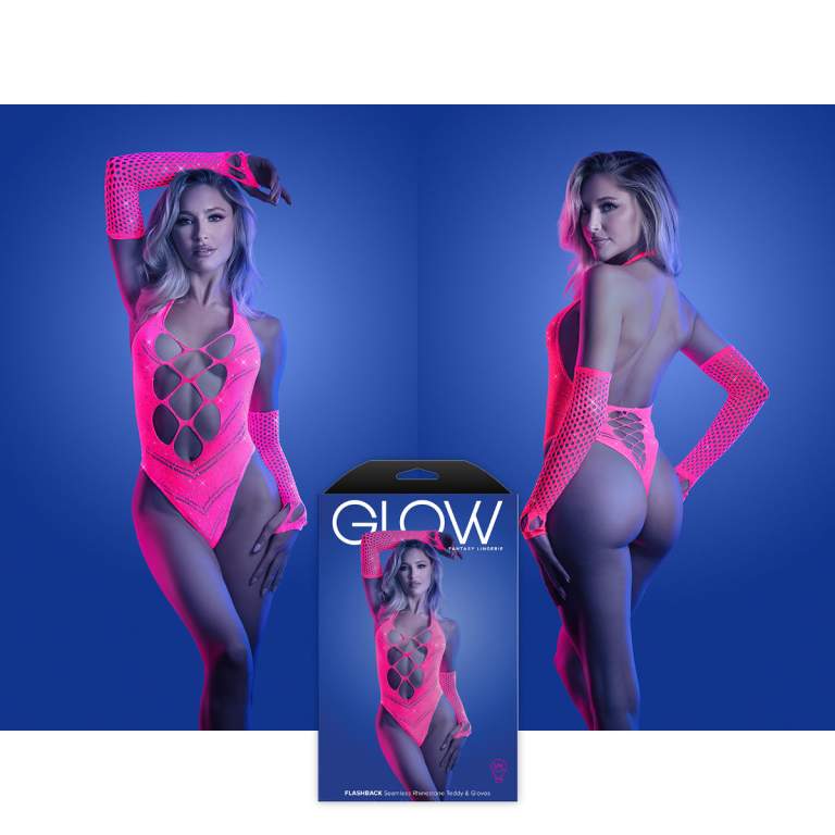 Fantasy Lingerie GLOW Flashback UV Reactive Seamless Rhinestone Teddy and Gloves Neon Pink GL2139 Multiview