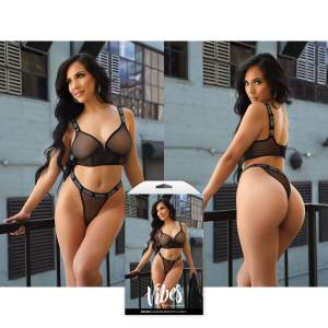 Fantasy Lingerie Vibes Baddie Glitter Mesh Longline Bralette and Panty Black AF982 Multiview