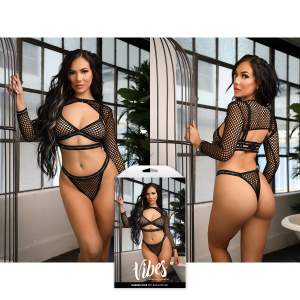 Fantasy Lingerie Vibes Barbed Wire 3 Pc Bralette Set Shrug Bra Panty Black AF988 Multiview