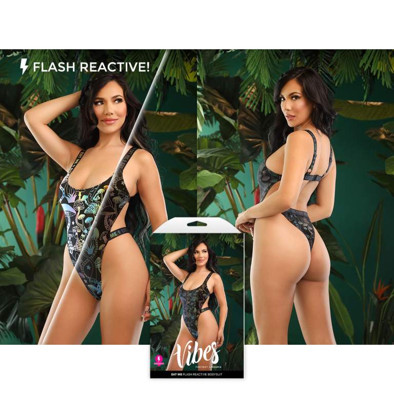 Fantasy Lingerie Vibes Eat Me Flash Reactive Bodysuit Black Printed Rainbow Mushroom Pattern AF987 Multiview