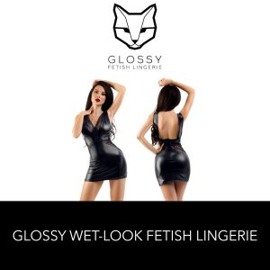 Glossy Fetish Lingerie Celestina Wetlook Sleeveless Mini Dress With Lace Panels Front and Back Black 955037 Multiview