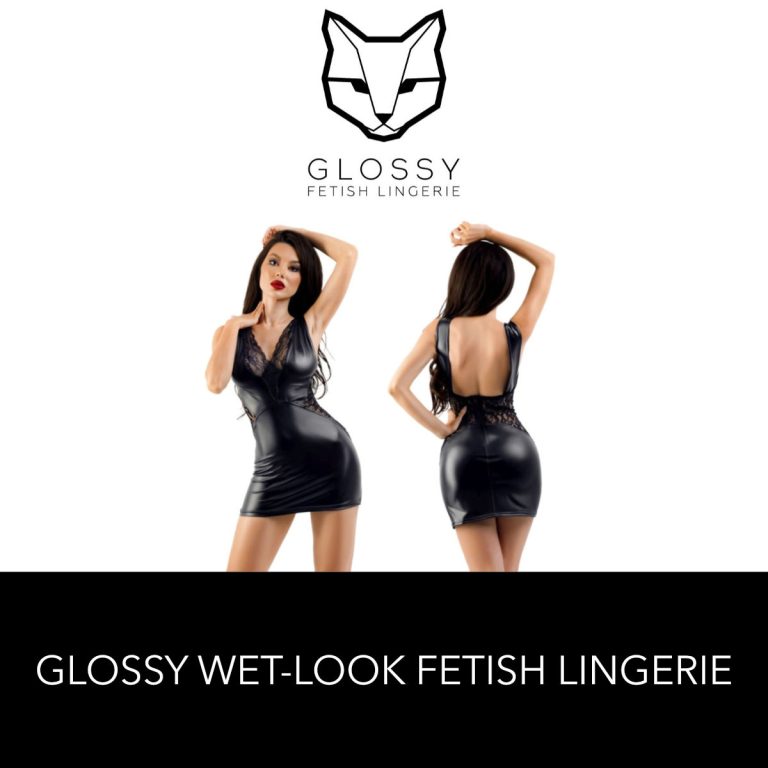 Glossy Fetish Lingerie Celestina Wetlook Sleeveless Mini Dress With Lace Panels Front and Back Black 955037 Multiview