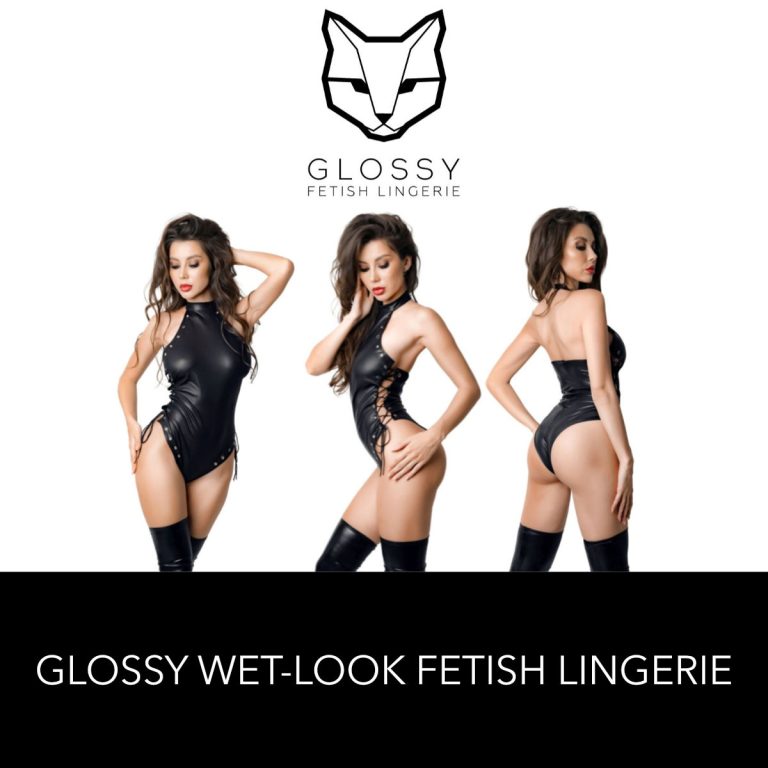 Glossy Fetish Lingerie Eileen Wetlook Halter Neck Bodysuit With Corset Lace Sides and Stud Details Black 955042 Multiview