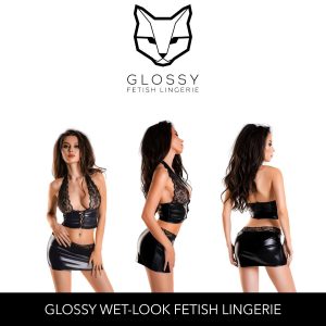 Glossy Fetish Lingerie Gigi Wetlook Corset Halter Top and Skirt with Lace Set Black 955028 Multiview