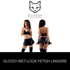 Glossy Fetish Lingerie Heidi Wetlook Corset Halter Top With and Skirt Set Black 955034 Multiview