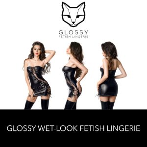 Glossy Fetish Lingerie Lillie Wetlook Strapless Dress with Diagonal Corsetry Black 955040 Multiview