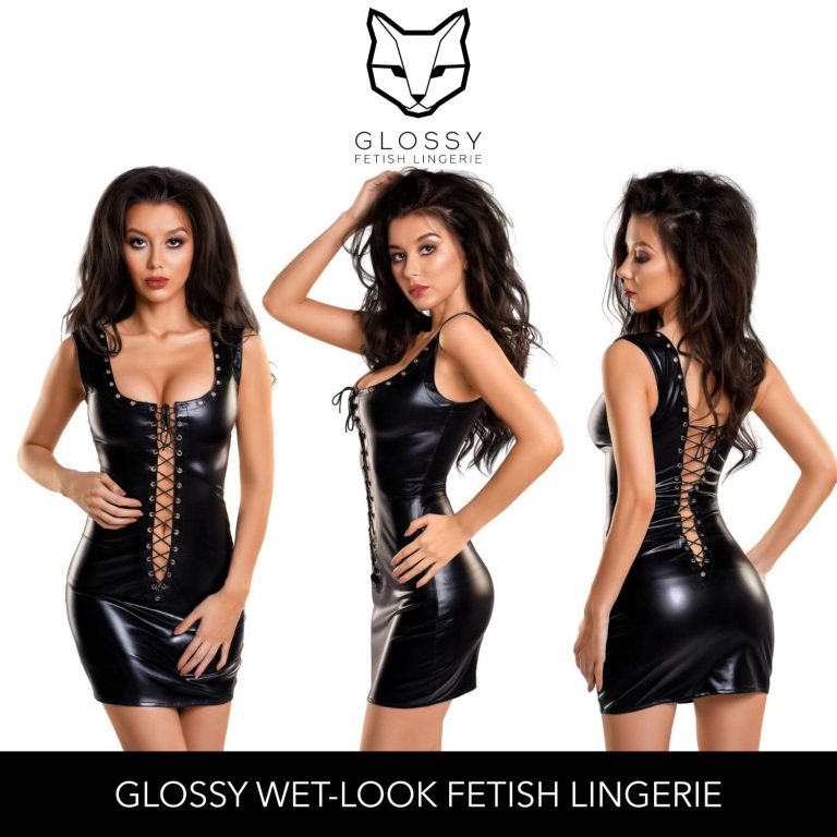 Glossy Fetish Lingerie Michelle Wetlook Dress With Studs And Corset Front and Back Black 955015 Multiview