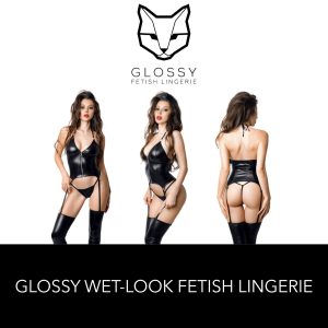 Glossy Fetish Lingerie Paula Wetlook Gartered Halter Cami with Zip Front and Panties Set Black 955043 Multiview