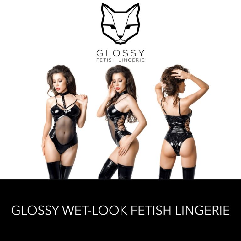 Glossy Fetish Lingerie Sherrie Wetlook Bodysuit With Mesh Insert Choker and Lace Up Sides Black 955045 Multiview