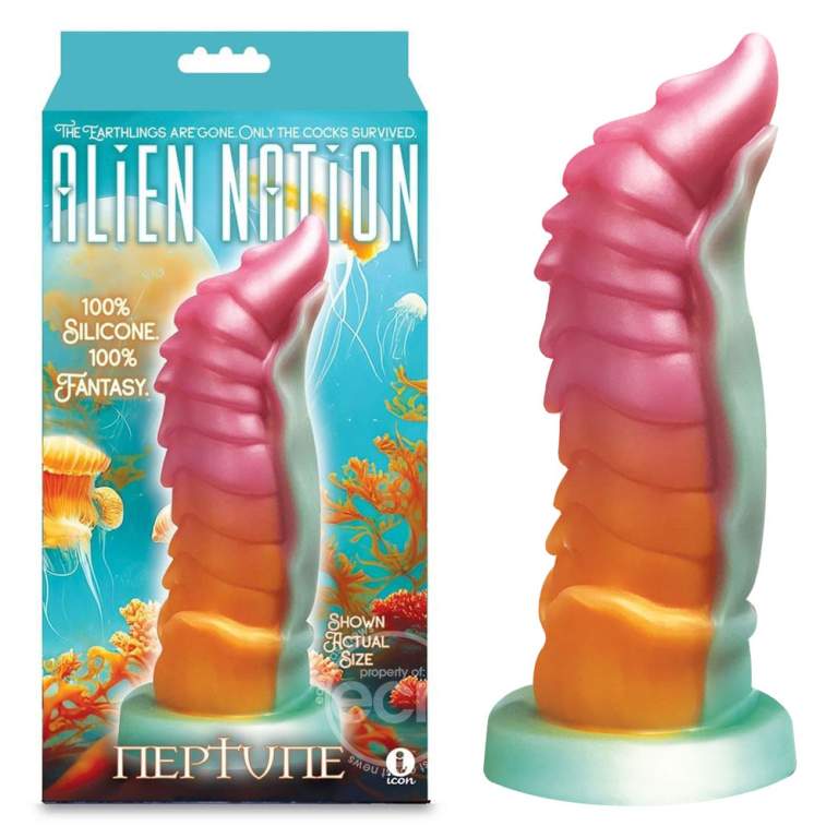 Icon Brands Alien Nation Neptune 7 Inch Fantasy Dildo Pink Orange Green IC1362 847841013628 Multiview