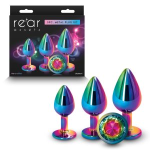 NS Novelties Rear Assets 3pc Round Gem Anal Plug Kit Rainbow Multicoloured Gem NSN 0960 01 657447105319 Multiview