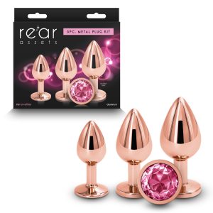 NS Novelties Rear Assets 3pc Round Gem Anal Plug Kit Rose Gold Pink Gem NSN 0960 03 657447105333 Multiview