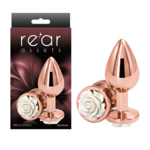 NS Novelties Rear Assets Rose Metal Butt Plug Medum Rose Gold White NSN 0965 21 657447103605 Multiview