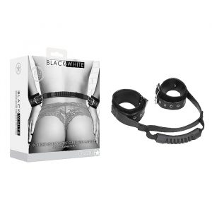 Shots Toys Ouch Black White Bonded Leather Hand Cuffs With Handle Black OU662BLK 7423522574522 Multiview