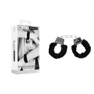 Shots Toys Ouch Black White Pleasure Furry Hand Cuffs Black OU659BLK 7423522573594 Multiview