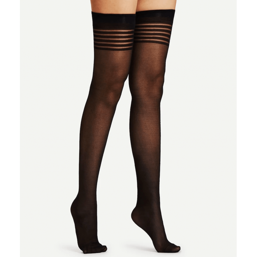 Temptlife Sheer Thigh High Stockings Striped Band Top Black LINHOS4167BLK 8151941670004 Detail