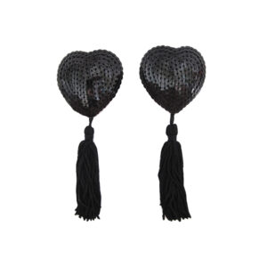 love in leather Heart Shaped Sequin Nipple Pasties with Fabric Tassels Black Black NIP002BLK 1491600221213 Detail