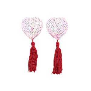 love in leather Heart Shaped Sequin Nipple Pasties with Fabric Tassels White Red NIP002WR 1491600223187 Detail